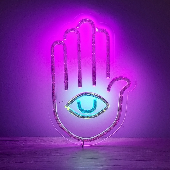 *1 DAY SALE* Purple Hamsa Hand Fatima Evil Eye Neon Light Lamp Wall Sign Hanging - Picture 6 of 8